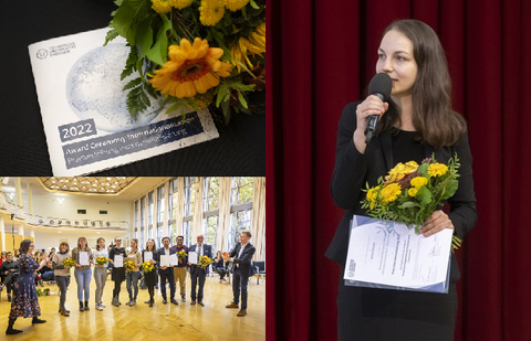Collage aus drei Fotos - auf dem ersten ist eine Urkunde mit einem Blumenstrauß, auf dem zweiten ein Gruppenfoto aller Preisträger und auf dem dritten ist Ianina Scheuch bei einer Rede vor einem roten Samtvorhang zu sehen