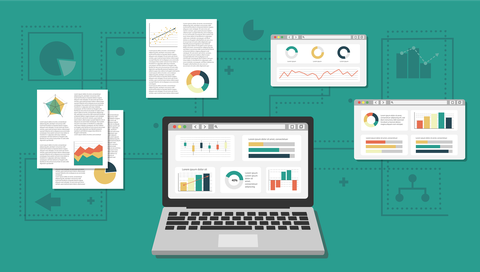 The illustration shows a laptop displaying different typs of diagrams. Around the laptop are two piece of paper and two displays, also showing diagrams.