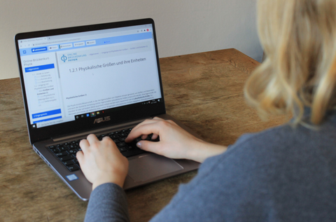 Schräge Rückenansicht einer blonden Frau, die am Laptop arbeitet.